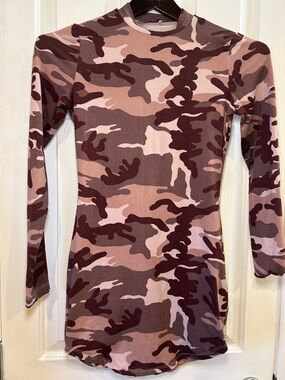 Fashion Nova Pink and Brown Camo Long Sleeve Crew Neck Mini Dress